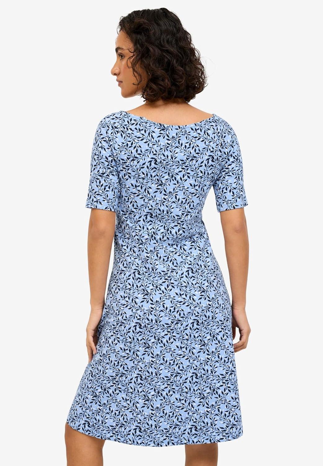 image:imageellos Plus Size Short Sleeve Fit amp Flare Knit DressFrench Blue Leaf Print