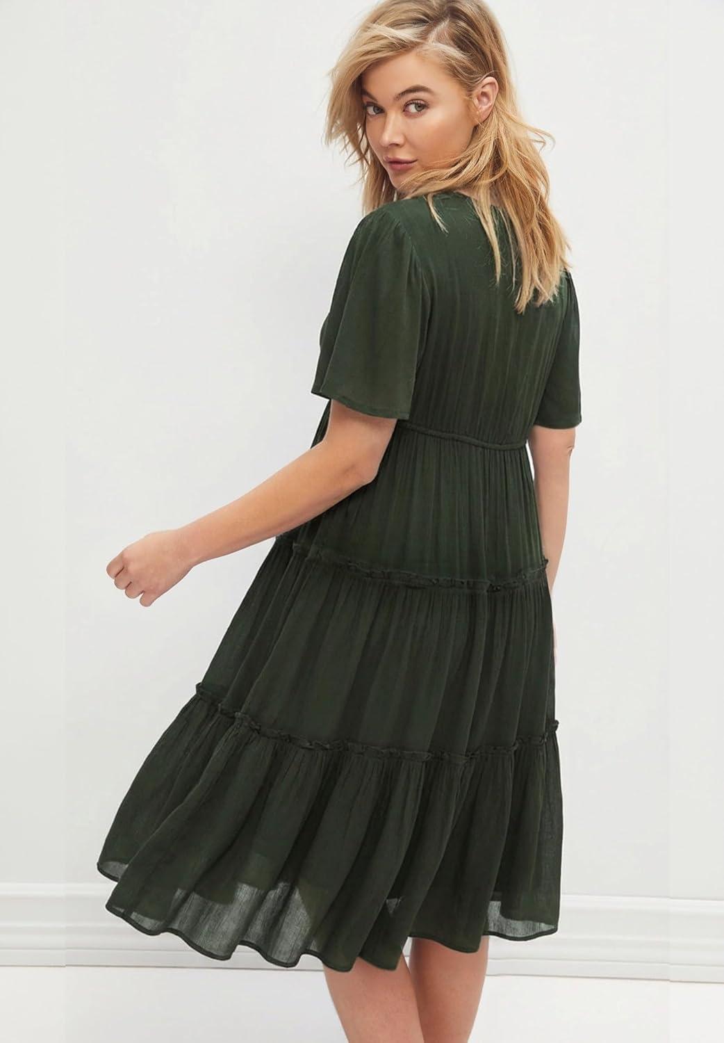 image:imageellos Plus Size Tiered Midi Dress with Surplice NecklineDeep Olive