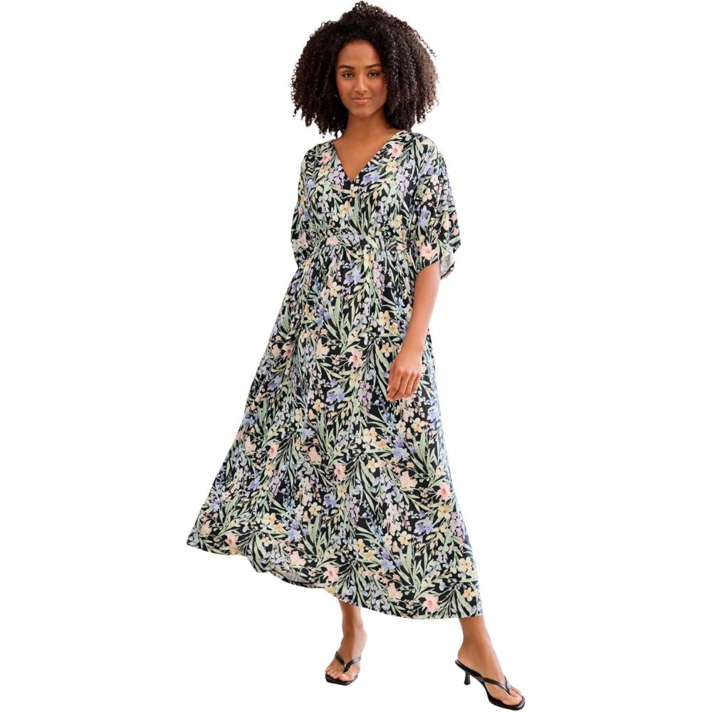 image:imageEllos Plus Size Knit TieBack MaxiBlack Pastel Floral