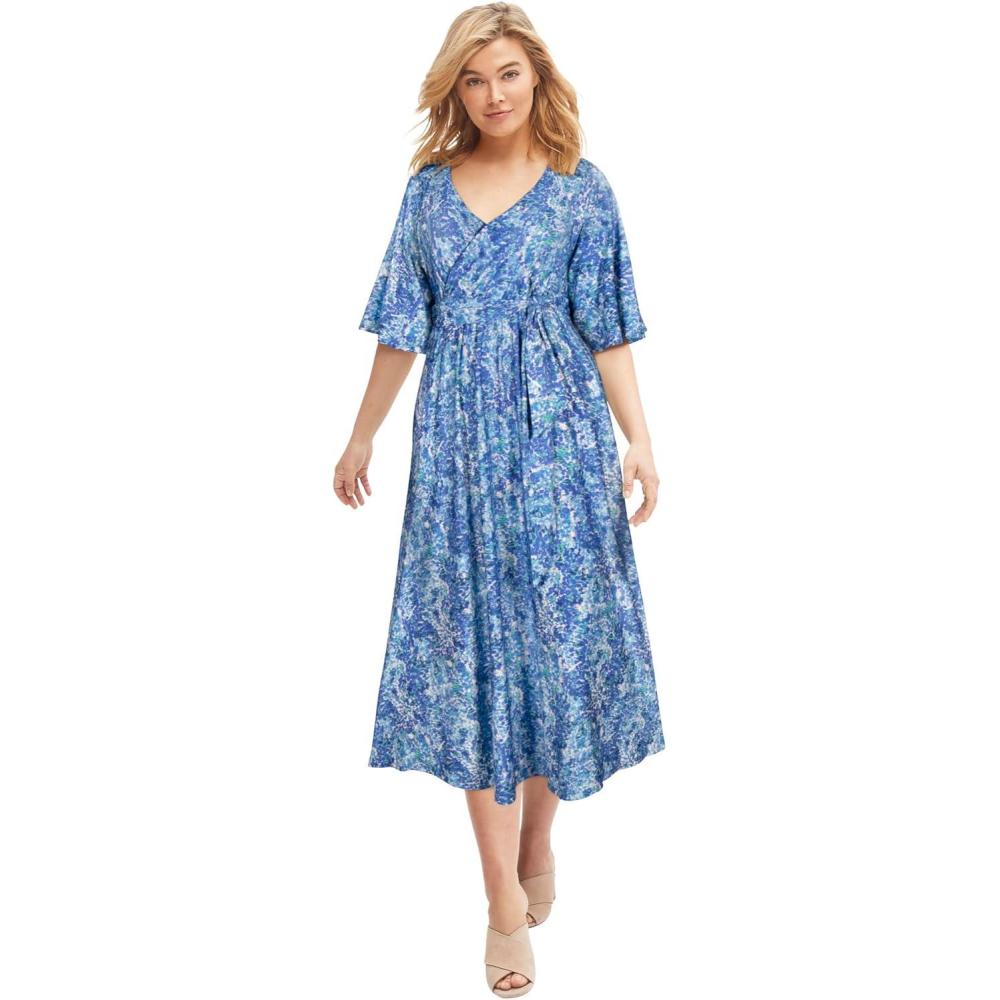 image:imageellos Plus Size Knit Midi Dress with Surplice Neckline amp Waist TieAqua Multi Print