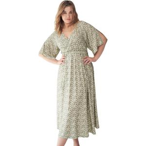 ellos Plus Size Knit Midi Dress with Surplice Neckline & Waist Tie(Pale Olive Ditsy Floral)
