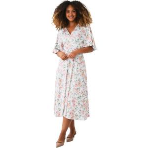 ellos Plus Size Knit Midi Dress with Surplice Neckline & Waist Tie(White Multi Floral)