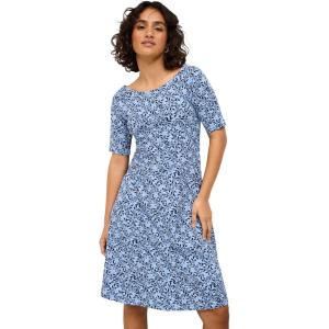 ellos Plus Size Short Sleeve Fit & Flare Knit Dress(French Blue Leaf Print)