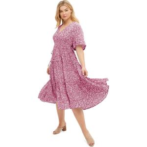 ellos Plus Size Tiered Midi Dress with Surplice Neckline(Berry Red Ditsy Floral)