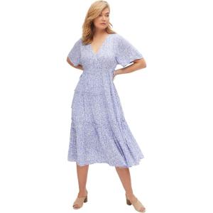 ellos Plus Size Tiered Midi Dress with Surplice Neckline(French Blue Ditsy Floral)