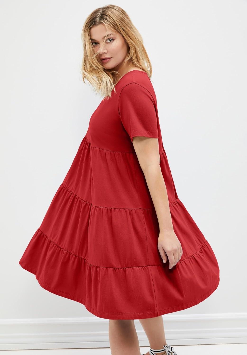 image:imageellos Plus Size Cotton Spandex Scoop Neck Short Sleeve Tiered A Line DressChili Red
