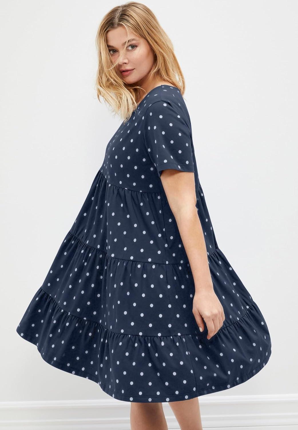 image:imageellos Plus Size Cotton Spandex Scoop Neck Short Sleeve Tiered A Line DressNavy Polka Dot