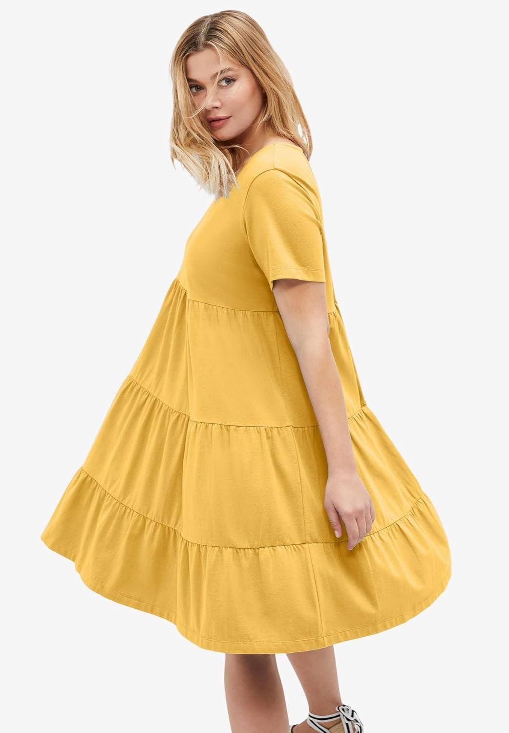 image:imageellos Plus Size Cotton Spandex Scoop Neck Short Sleeve Tiered A Line DressSundance