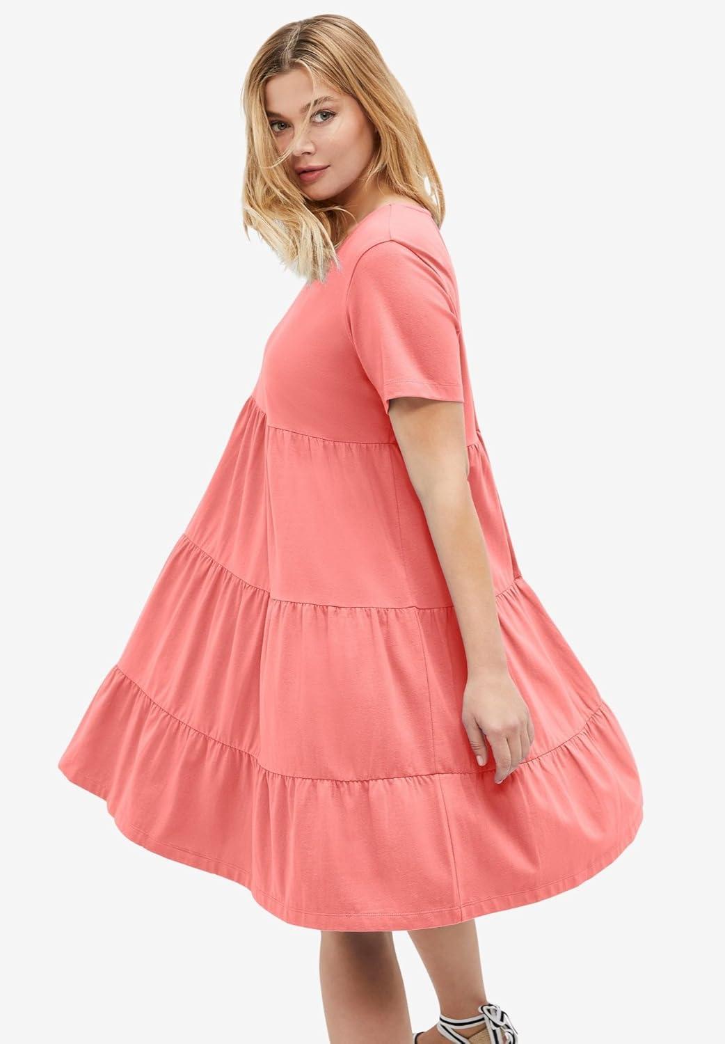image:imageellos Plus Size Cotton Spandex Scoop Neck Short Sleeve Tiered A Line DressSweet Coral