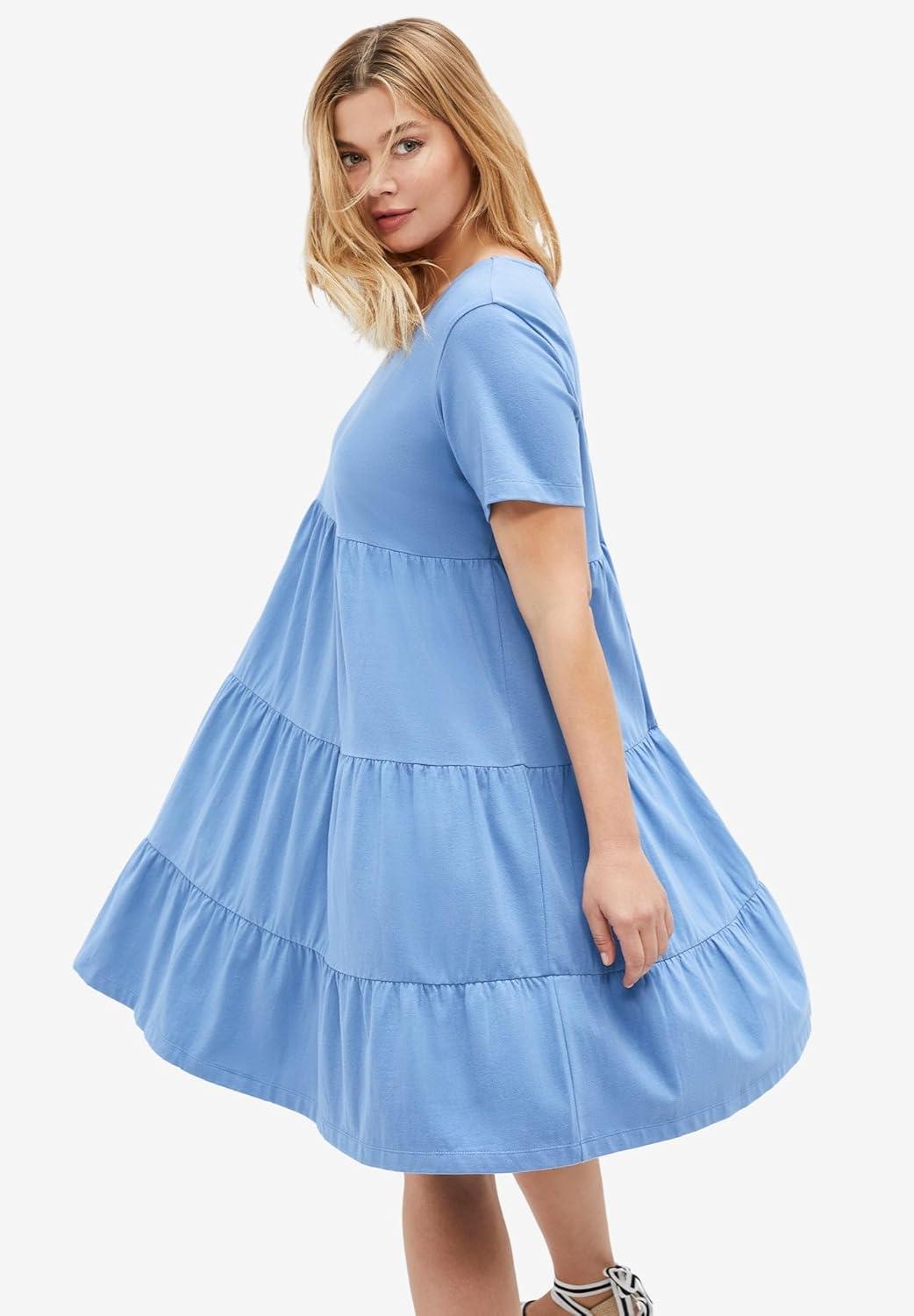image:imageellos Plus Size Cotton Spandex Scoop Neck Short Sleeve Tiered A Line DressSweet Coral