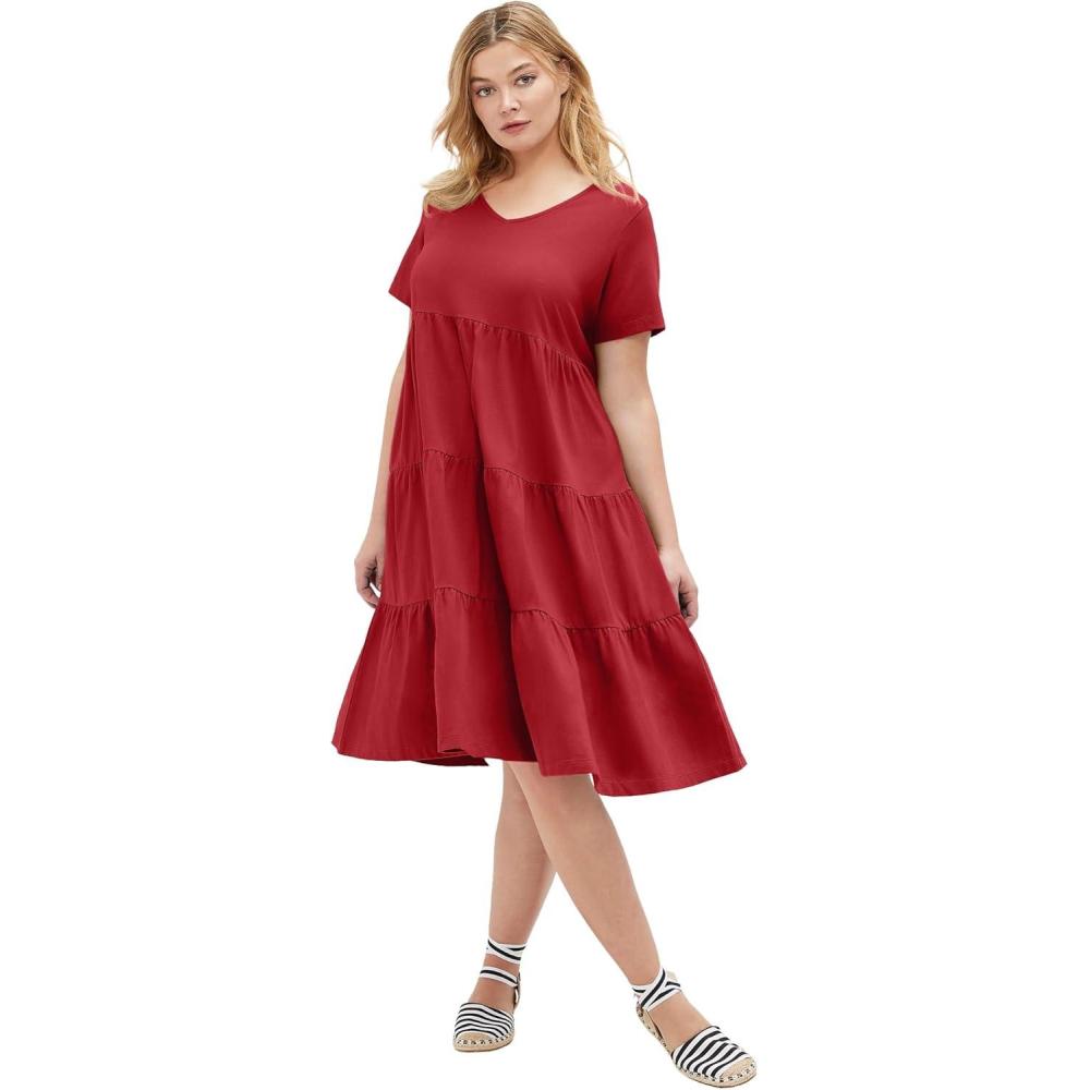 image:imageellos Plus Size Cotton Spandex Scoop Neck Short Sleeve Tiered A Line DressChili Red
