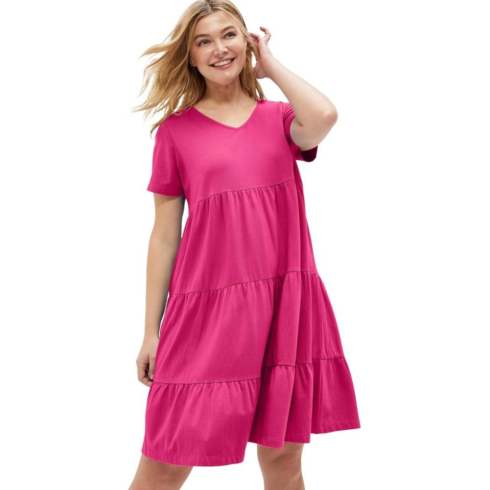 image:imageellos Plus Size Cotton Spandex Scoop Neck Short Sleeve Tiered A Line DressRaspberry Sorbet