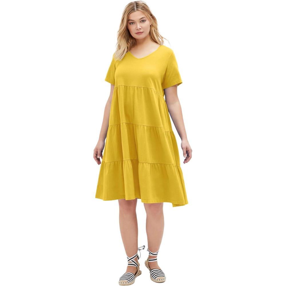 image:imageellos Plus Size Cotton Spandex Scoop Neck Short Sleeve Tiered A Line DressSundance