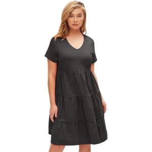 ellos Plus Size Cotton Spandex Scoop Neck Short Sleeve Tiered A Line Dress(Black)