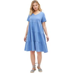 ellos Plus Size Cotton Spandex Scoop Neck Short Sleeve Tiered A Line Dress(Blue Sky)