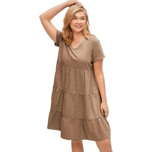 ellos Plus Size Cotton Spandex Scoop Neck Short Sleeve Tiered A Line Dress(Dark Camel)