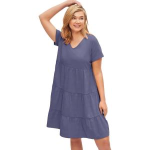 ellos Plus Size Cotton Spandex Scoop Neck Short Sleeve Tiered A Line Dress(Deep Dusk)