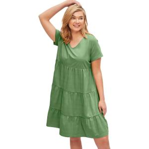 ellos Plus Size Cotton Spandex Scoop Neck Short Sleeve Tiered A Line Dress(Olive Drab)