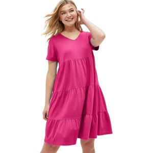 ellos Plus Size Cotton Spandex Scoop Neck Short Sleeve Tiered A Line Dress(Raspberry Sorbet)