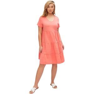 ellos Plus Size Cotton Spandex Scoop Neck Short Sleeve Tiered A Line Dress(Sweet Coral)
