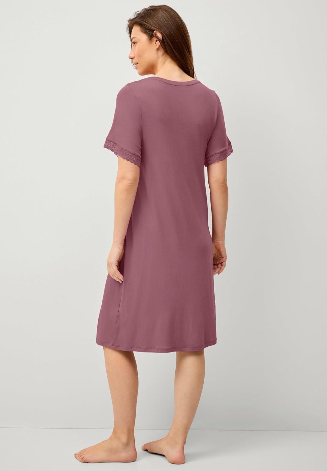 image:imageellos Plus Size Stretch Knit VNeck Short Sleeve Lace Trim Sleep ShirtVintage Plum