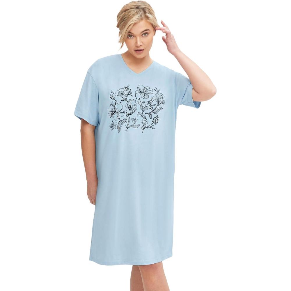 image:imageellos Plus Size Cotton Spandex Vneck Short Sleeve Sleep ShirtBlue Smoke Floral