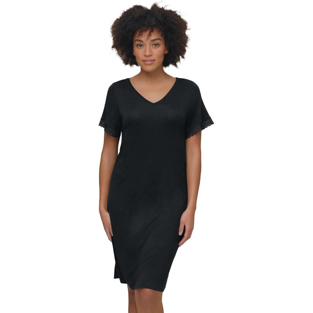 image:imageellos Plus Size Stretch Knit VNeck Short Sleeve Lace Trim Sleep ShirtBlack