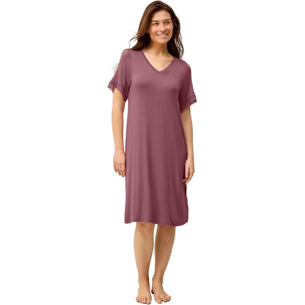 image:imageellos Plus Size Stretch Knit VNeck Short Sleeve Lace Trim Sleep ShirtVintage Plum