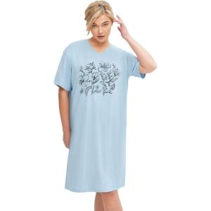 ellos Plus Size Cotton Spandex Vneck Short Sleeve Sleep Shirt(Blue Smoke Floral)