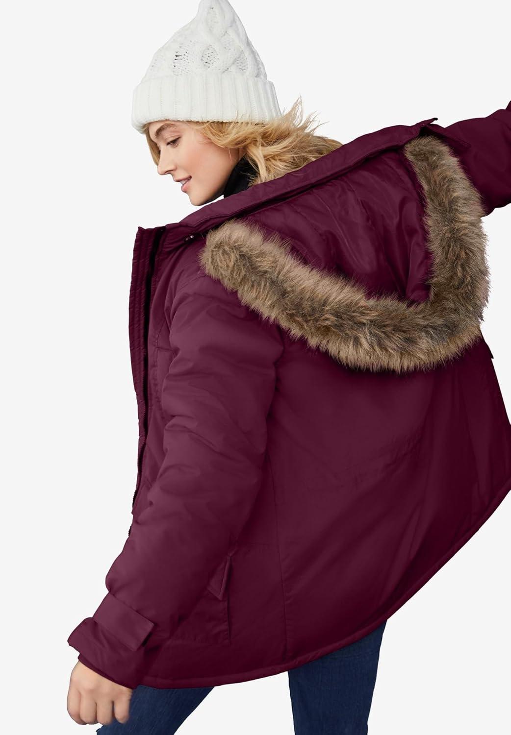image:imageellos Plus Size Faux Fur Trim TwoWay ZipFront MidLength ParkaMidnight Berry