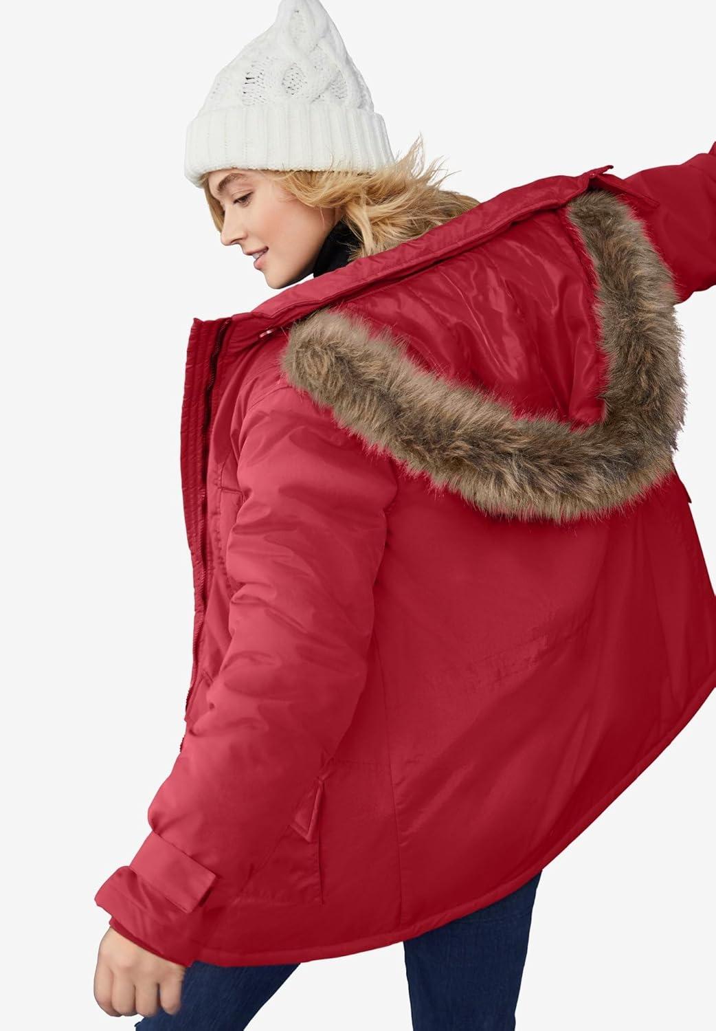 image:imageellos Plus Size Faux Fur Trim TwoWay ZipFront MidLength ParkaRich Red