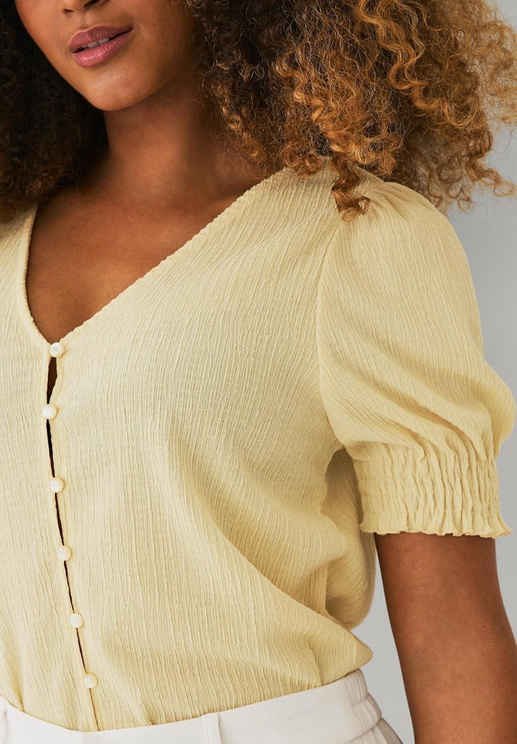 image:imageellos Plus Size Textured Knit Button Front Top with SleevesSoft Butter