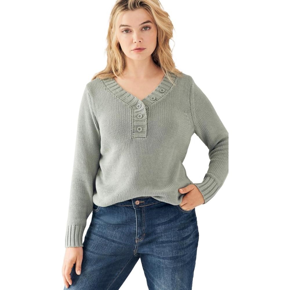 image:imageellos Plus Size Button YNeck SweaterGrey Spruce