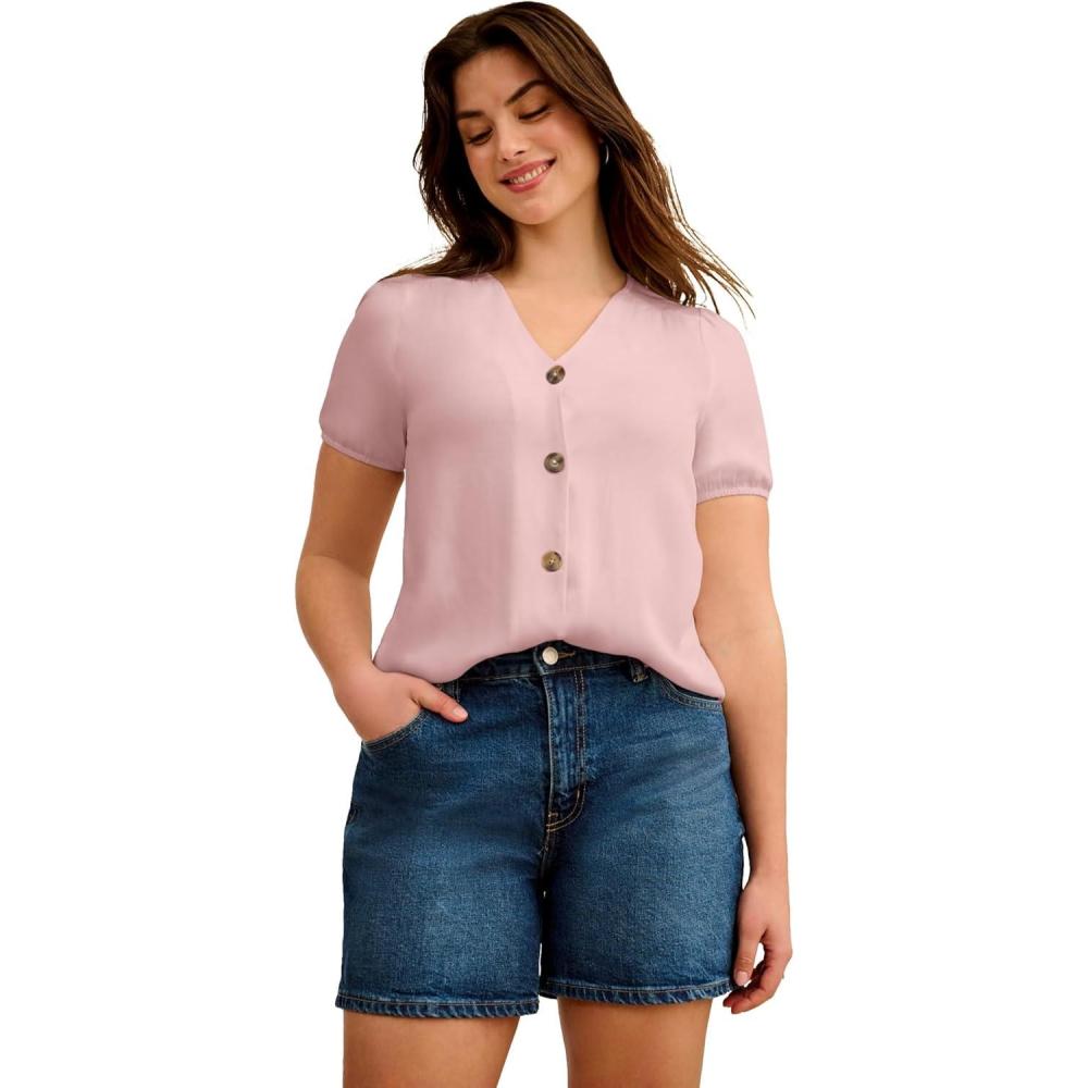 image:imageellos Plus Size Contrast ButtonFront BlouseWood Rose Pink