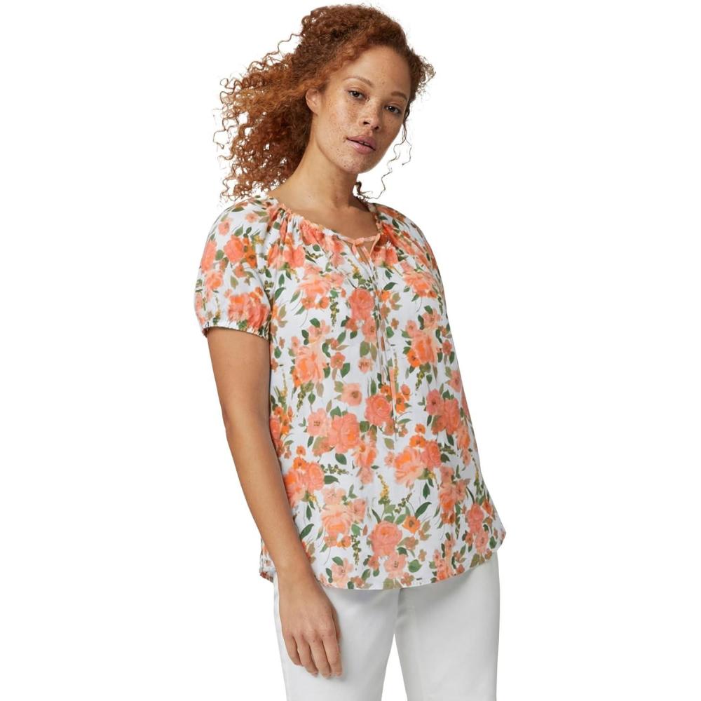 image:imageellos Plus Size Keyhole Neckline Peasant BlouseWhite Dusty Coral Floral