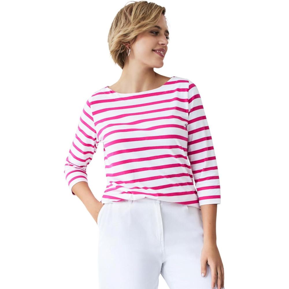 image:imageellos Plus Size Stretch Knit Scoop Neck 34 Sleeve TopWhite Raspberry Sorbet Stripe