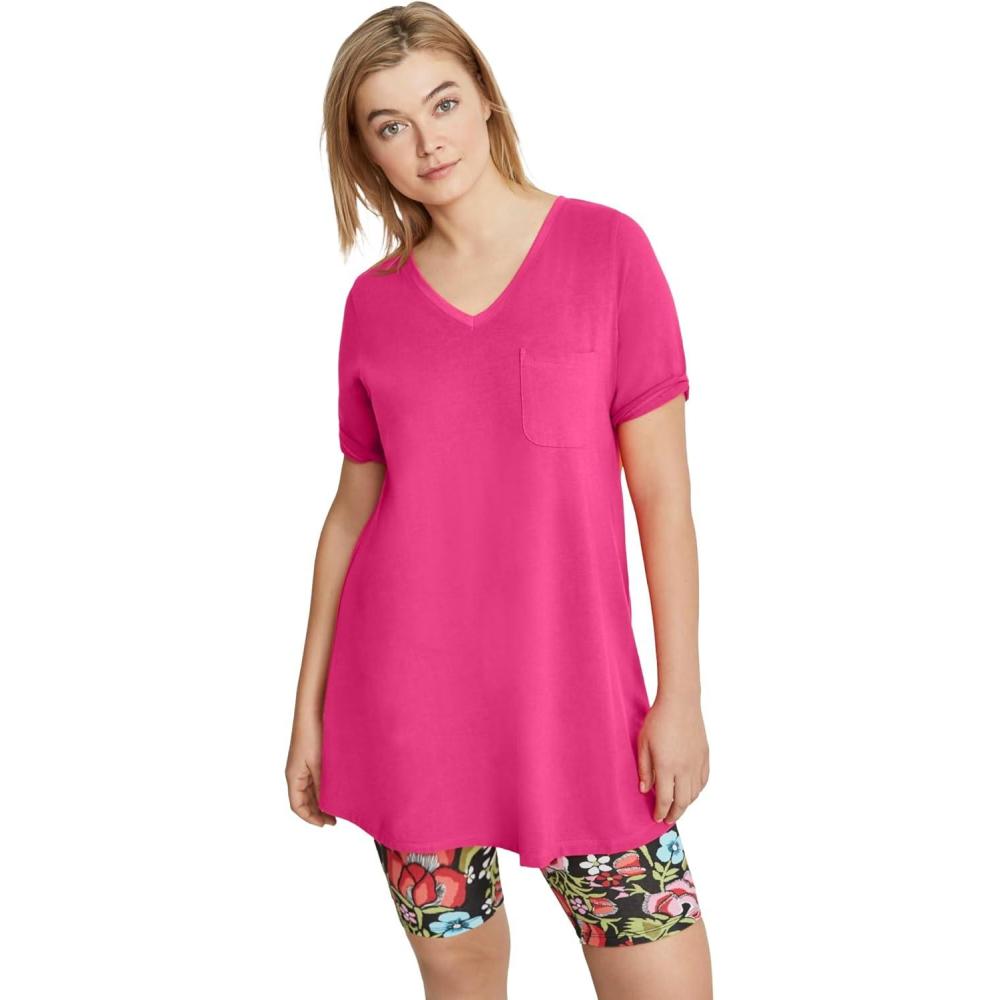 image:imageellos Plus Size Stretch Knit VNeck Short Sleeve Chest Pocket TunicRaspberry Sorbet