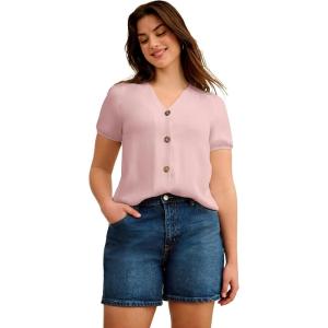 ellos Plus Size Contrast Button-Front Blouse(Wood Rose Pink)