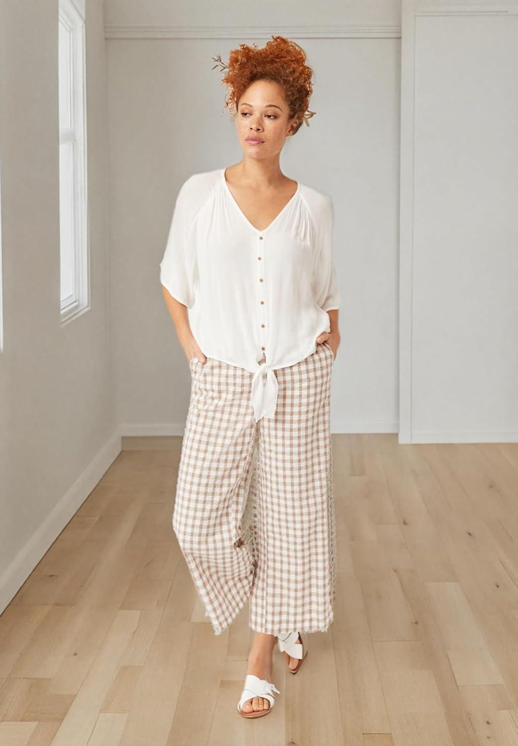 image:imageellos Plus Size Gingham Back Elastic Wide Leg Crop PantsBlack White Gingham