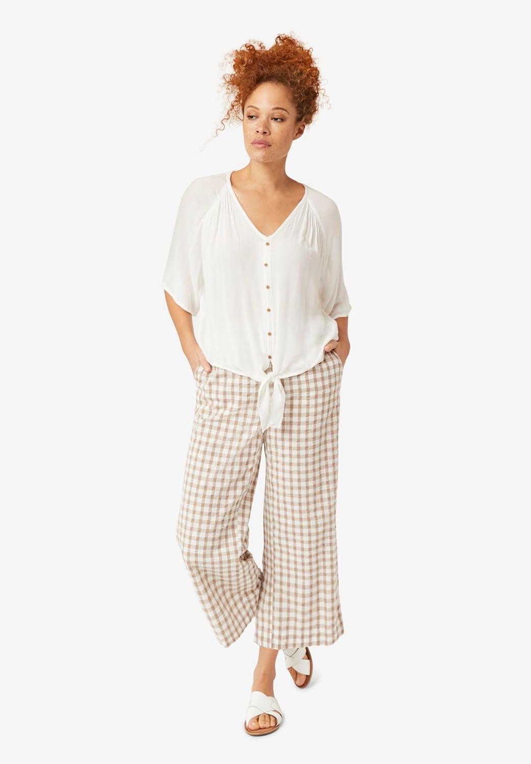 image:imageellos Plus Size Gingham Back Elastic Wide Leg Crop PantsBrown Sugar Ivory Gingham