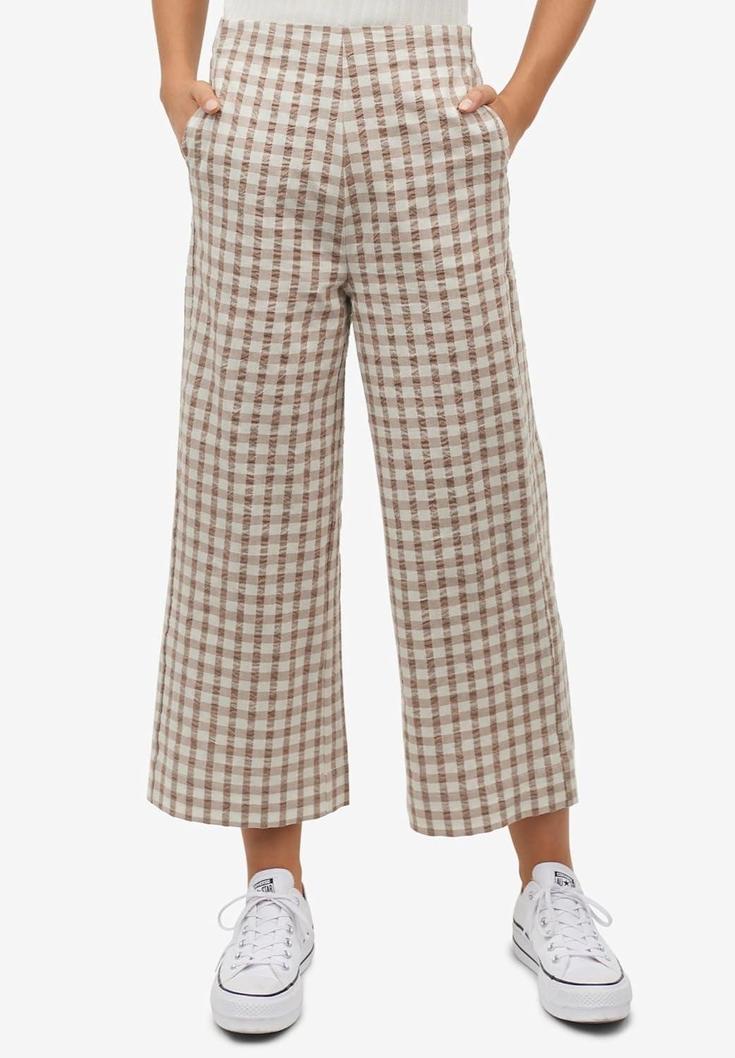 image:imageellos Plus Size Gingham Back Elastic Wide Leg Crop PantsNavy White Gingham