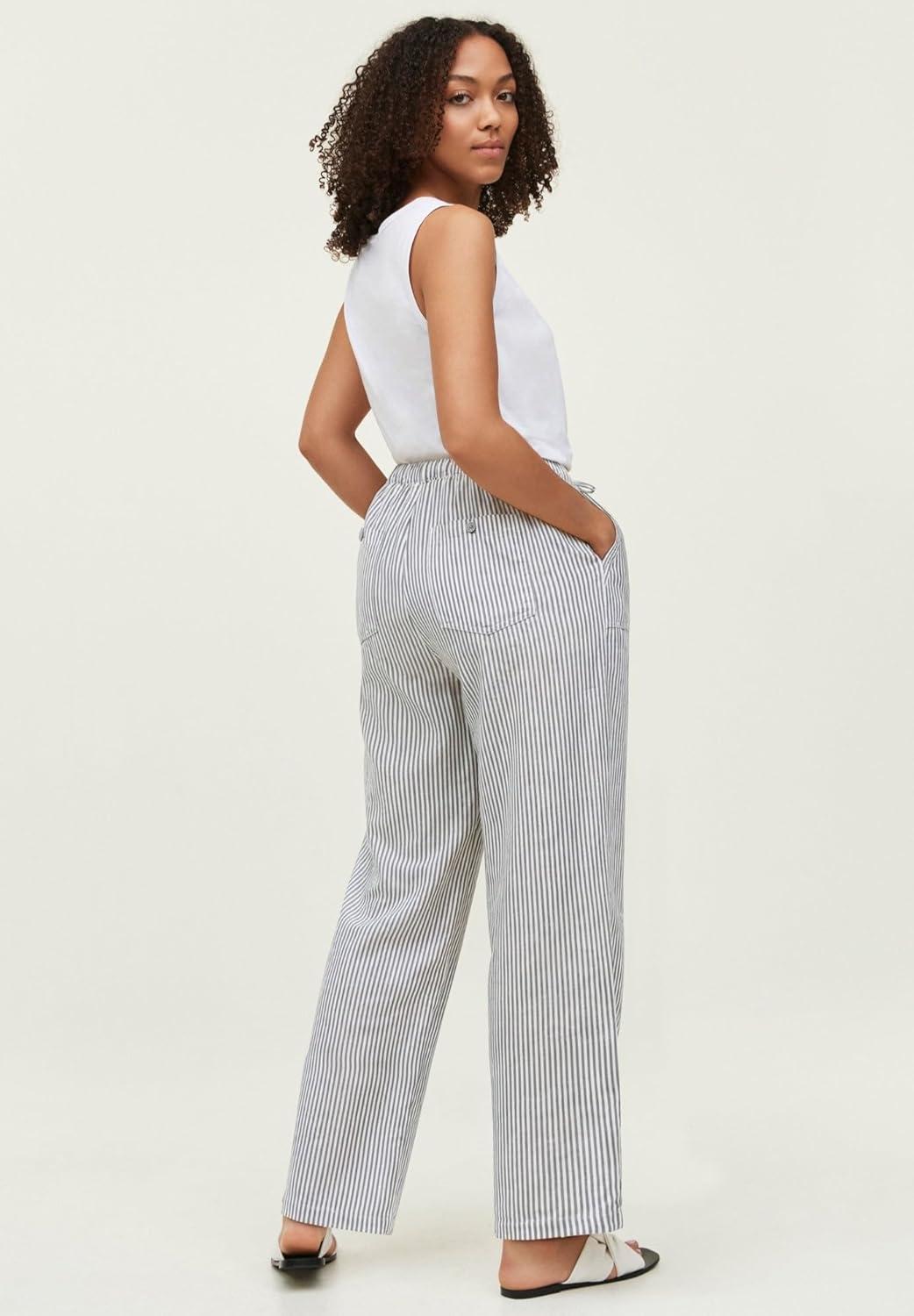 image:imageellos Plus Size LinenBlend Elastic Waist Drawstring Relaxed PantNavy White Stripe