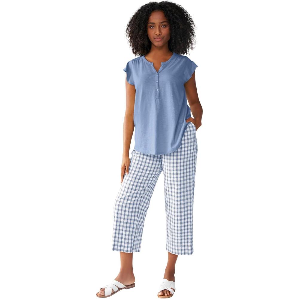 image:imageellos Plus Size Gingham Back Elastic Wide Leg Crop PantsPale Indigo White Gingham