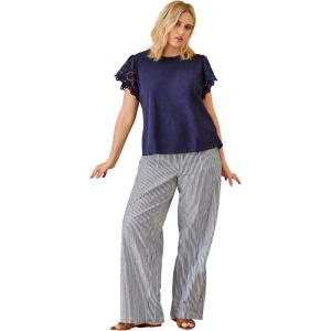 ellos Plus Size Linen-Blend Elastic Waist Drawstring Relaxed Pant(Navy White Stripe)