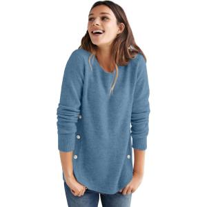 ellos Plus Size Stretch Scoop Neck Curved Hem with Buttons Pullover Sweater(Blue Shadow)