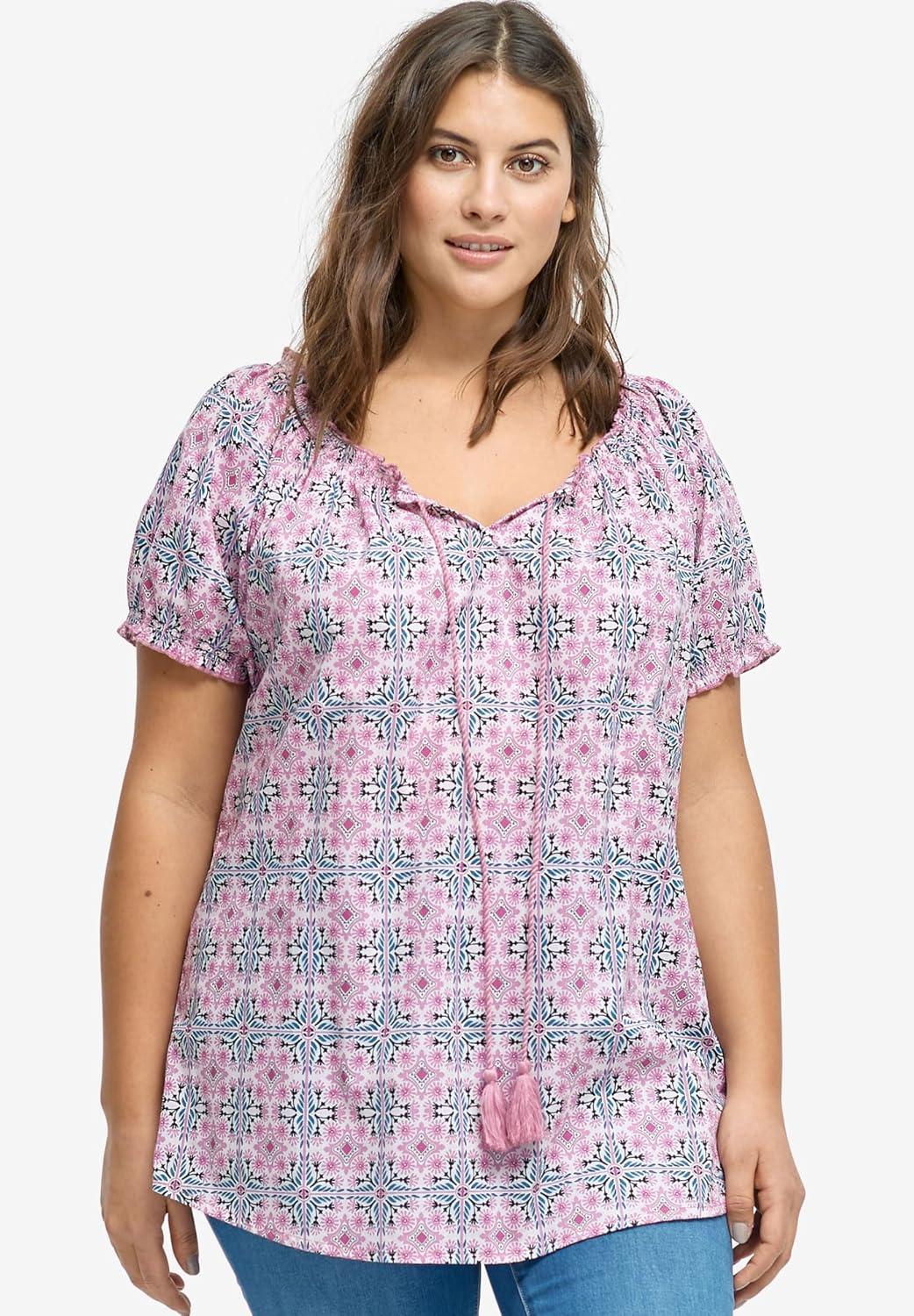 image:imageellos Plus Size ALine Scoop Neck Ruffle Trim 100 Cotton Cambric Peasant BlouseDark Sapphire White Print