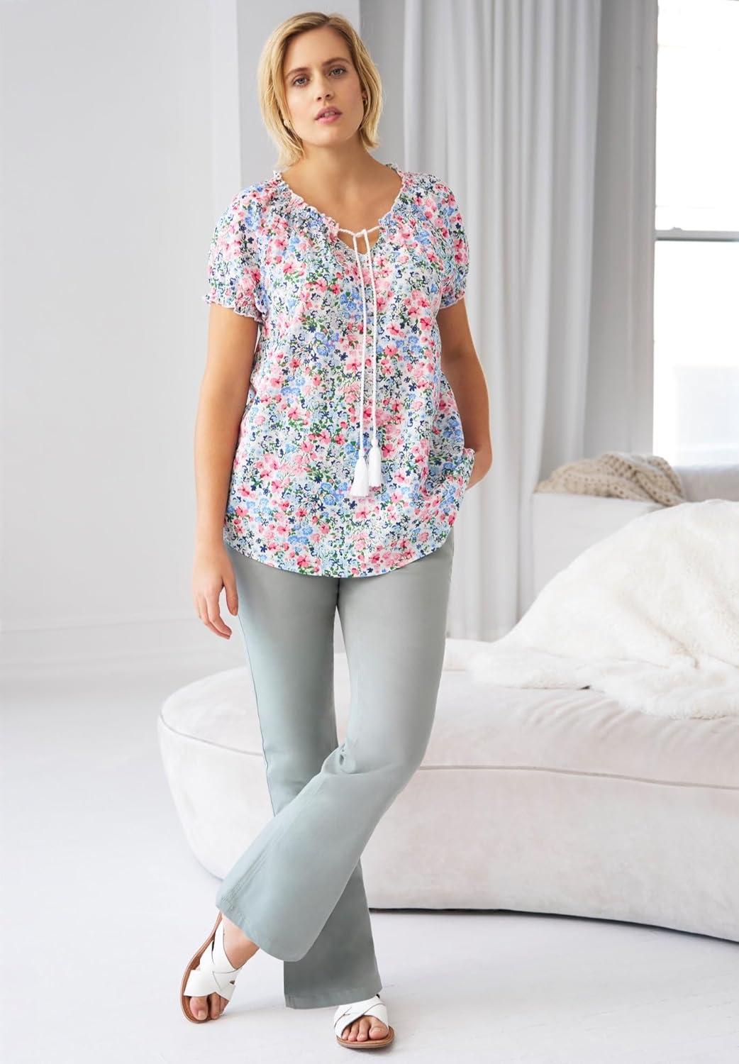 image:imageellos Plus Size ALine Scoop Neck Ruffle Trim 100 Cotton Cambric Peasant BlouseDark Sapphire White Print