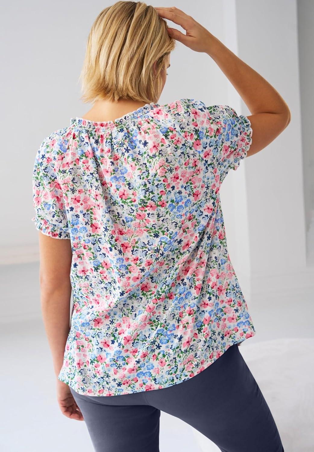 image:imageellos Plus Size ALine Scoop Neck Ruffle Trim 100 Cotton Cambric Peasant BlouseMulti Ditsy Floral