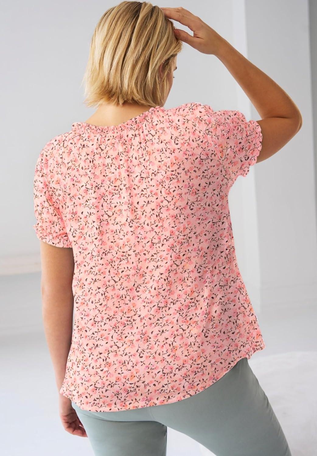 image:imageellos Plus Size ALine Scoop Neck Ruffle Trim 100 Cotton Cambric Peasant BlousePeach Bud Floral