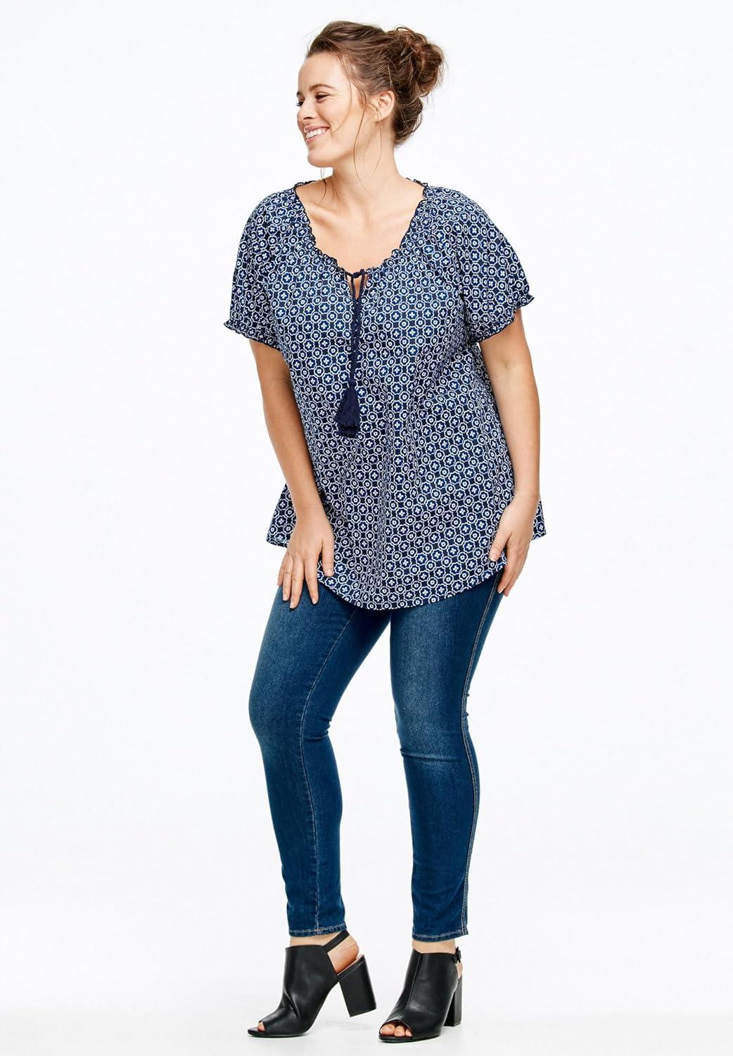 image:imageellos Plus Size ALine Scoop Neck Ruffle Trim 100 Cotton Cambric Peasant BlouseTropical Green Medallion